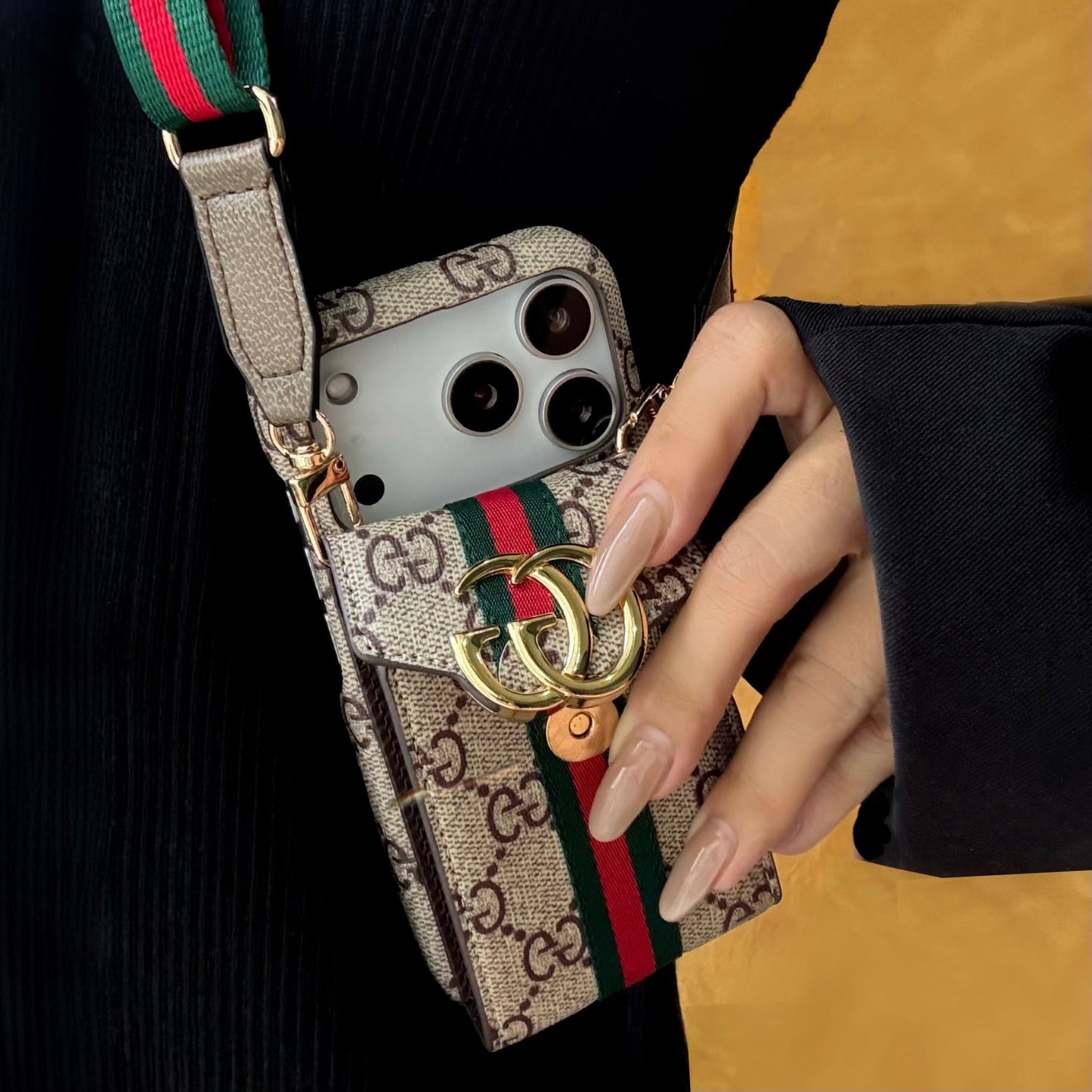 Premium Leather GG iPhone Case With Card Holder And Strap Brown For iPhone 17 Series-CYGG028