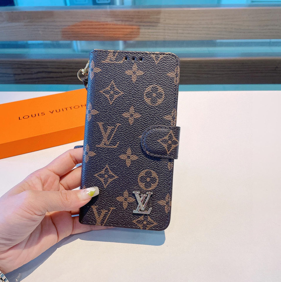 Classic  Folio Monogram iPhone Case With Wallet And Strap Big Printing-CFLB251102