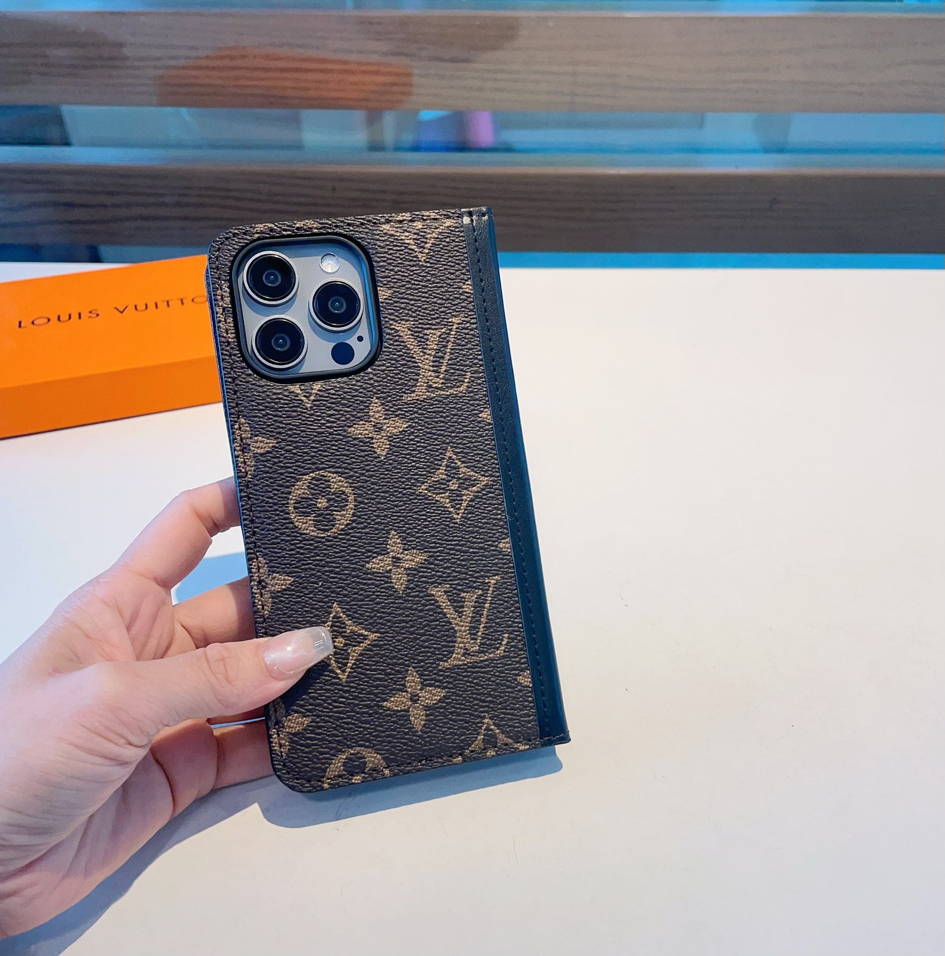 Premium Leather Monogram iPhone Case with Card Slot and Coin Pocket Big Printing-CFHYL2502