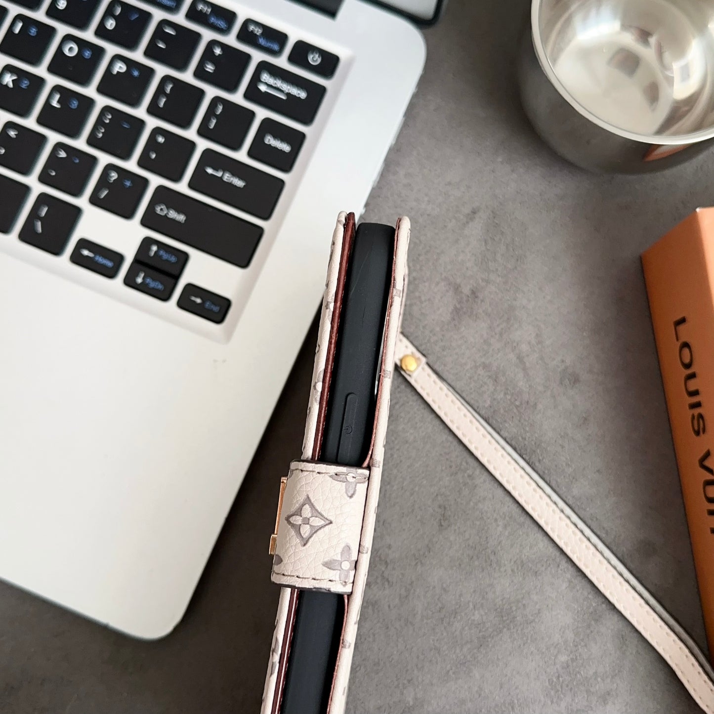 Leather Folio Monogram iPhone Case With Card Holder And Strap White-CFHYL251127