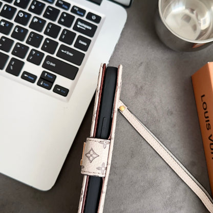 Leather Folio Monogram iPhone Case With Card Holder And Strap White-CFHYL251127