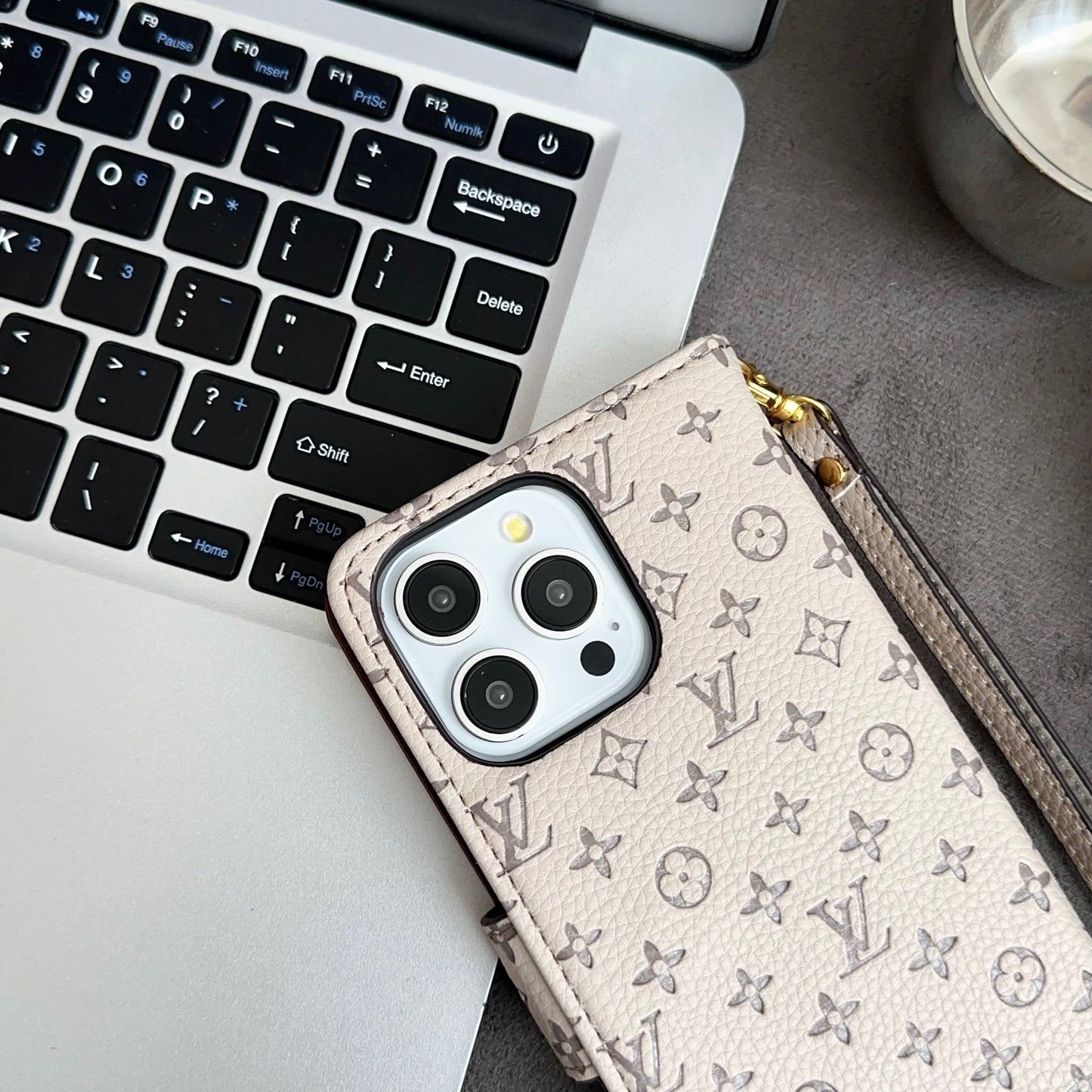 Leather Folio Monogram iPhone Case With Card Holder And Strap White-CFHYL251127