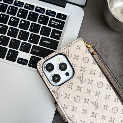 Leather Folio Monogram iPhone Case With Card Holder And Strap White-CFHYL251127