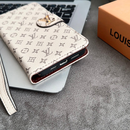 Leather Folio Monogram iPhone Case With Card Holder And Strap White-CFHYL251127