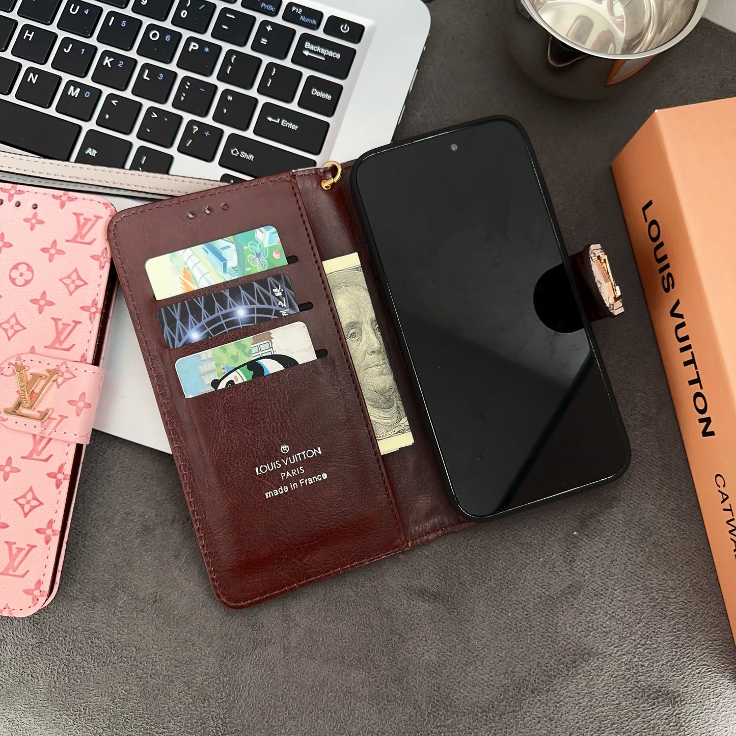 Leather Folio Monogram iPhone Case With Card Holder And Strap Black-CFHYL251127