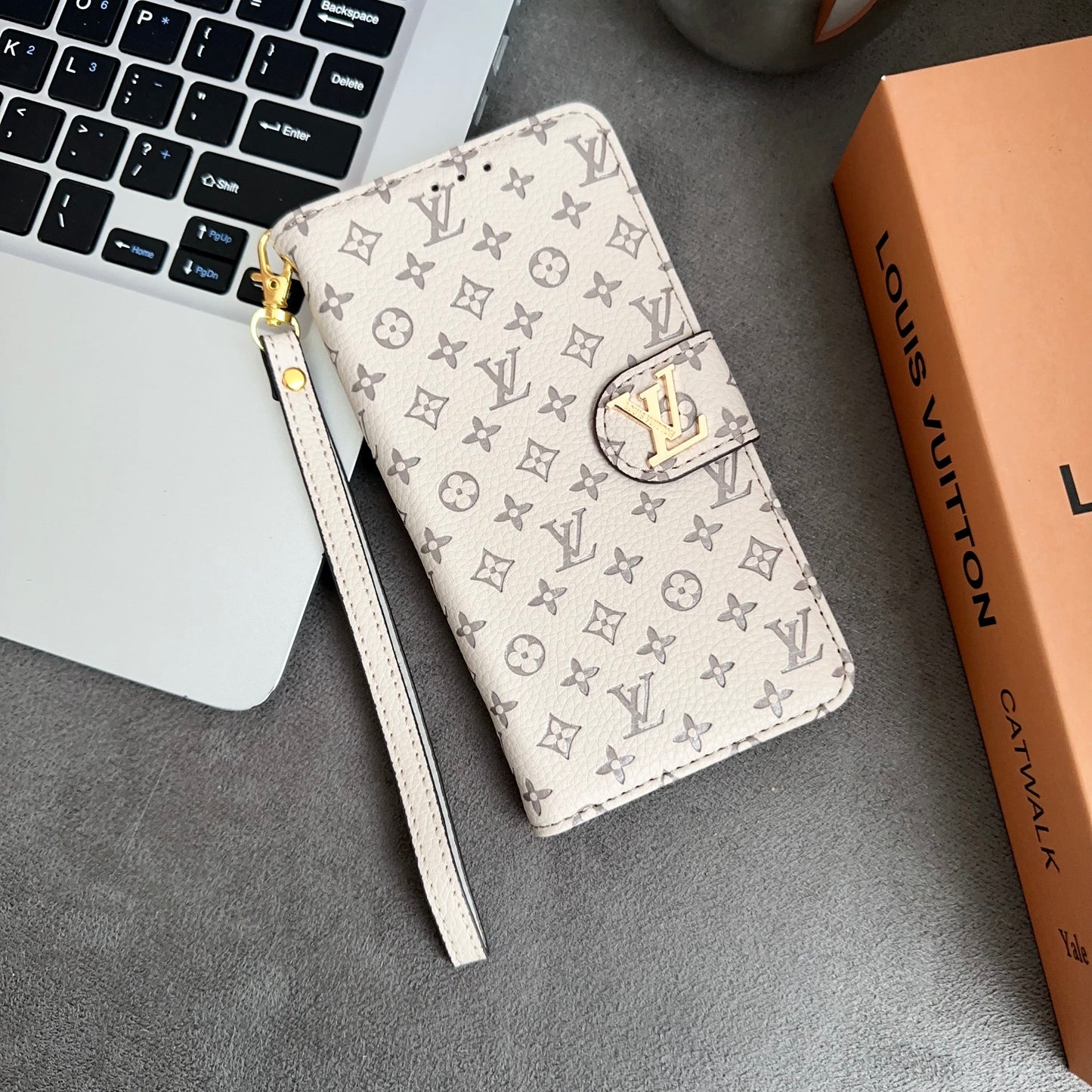 Leather Folio Monogram iPhone Case With Card Holder And Strap White-CFHYL251127