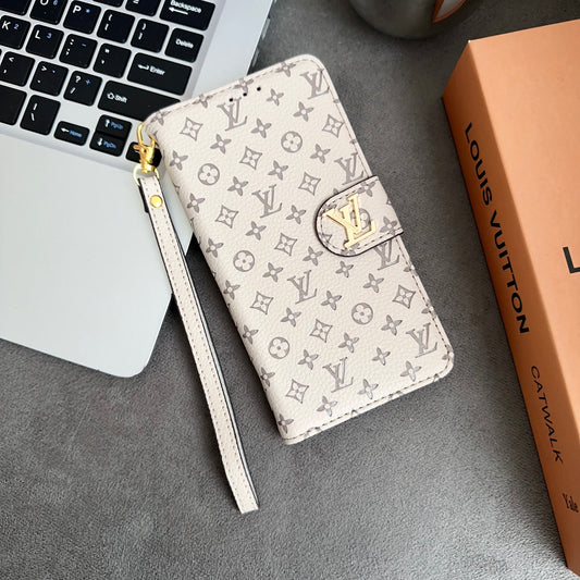 Leather Folio Monogram iPhone Case With Card Holder And Strap White-CFHYL251127
