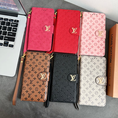 Leather Folio Monogram iPhone Case With Card Holder And Strap Black-CFHYL251127