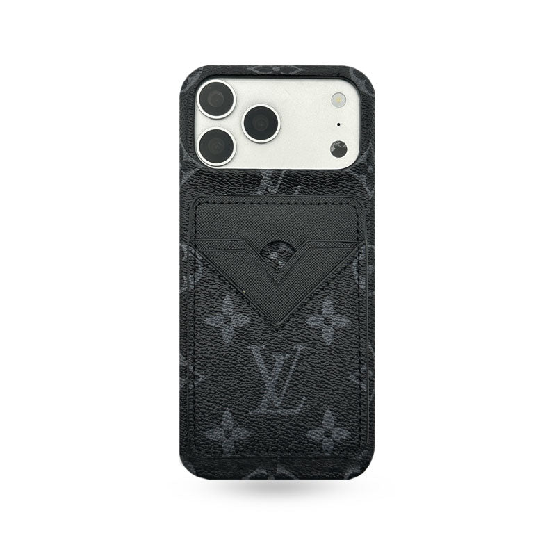 Elegant Leather Monogram iPhone Case With Magnetic Card Holder Black Printing For iPhone 17 Series-CYLV067
