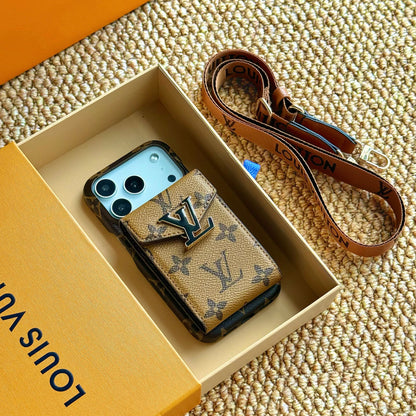Leather Monogram iPhone Case With Card Holder And Strap For iPhone 17 Series-CYLV029