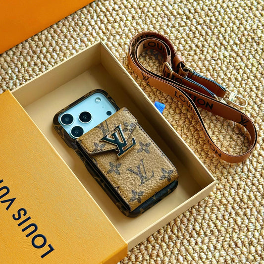 Leather Monogram iPhone Case With Card Holder And Strap For iPhone 17 Series-CYLV029