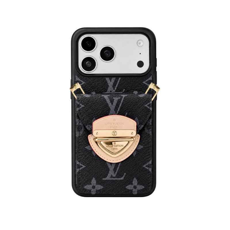 Leather Monogram iPhone Case With Card Holder And Crossbody Strap For iPhone 17 Series-CYLV216