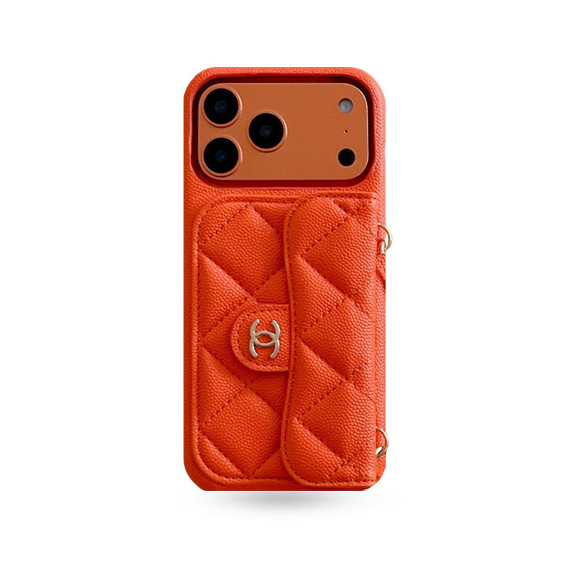 Textured Leather CC iPhone Case With Wallet And Wrist Strap Orange For iPhone 17 Series-CYCC046
