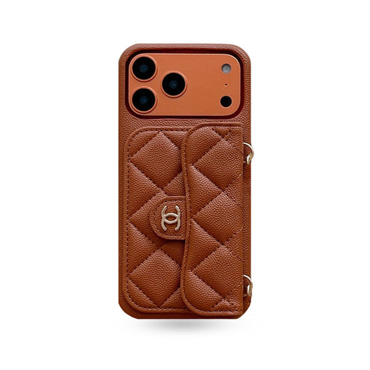 Elegant Leather CC iPhone Case With Wallet And Crossbody Strap Coffee For iPhone 17 Series-CYCC047