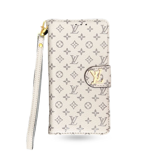Leather Folio Monogram iPhone Case With Card Holder And Strap White-CFHYL251127