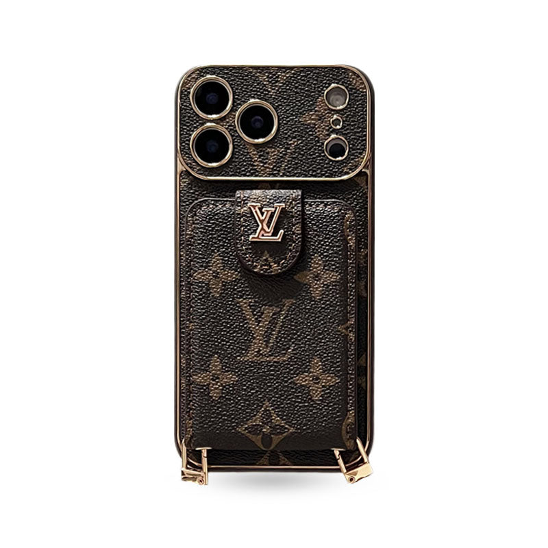 Elegant Leather Monogram iPhone Case With Card Holder And Strap For iPhone 17 Series-CYLV007