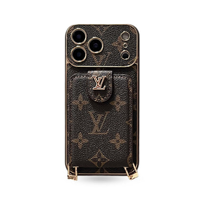 Elegant Leather Monogram iPhone Case With Card Holder And Strap For iPhone 17 Series-CYLV007