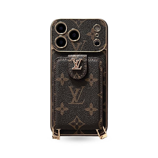 Elegant Leather Monogram iPhone Case With Card Holder And Strap For iPhone 17 Series-CYLV007