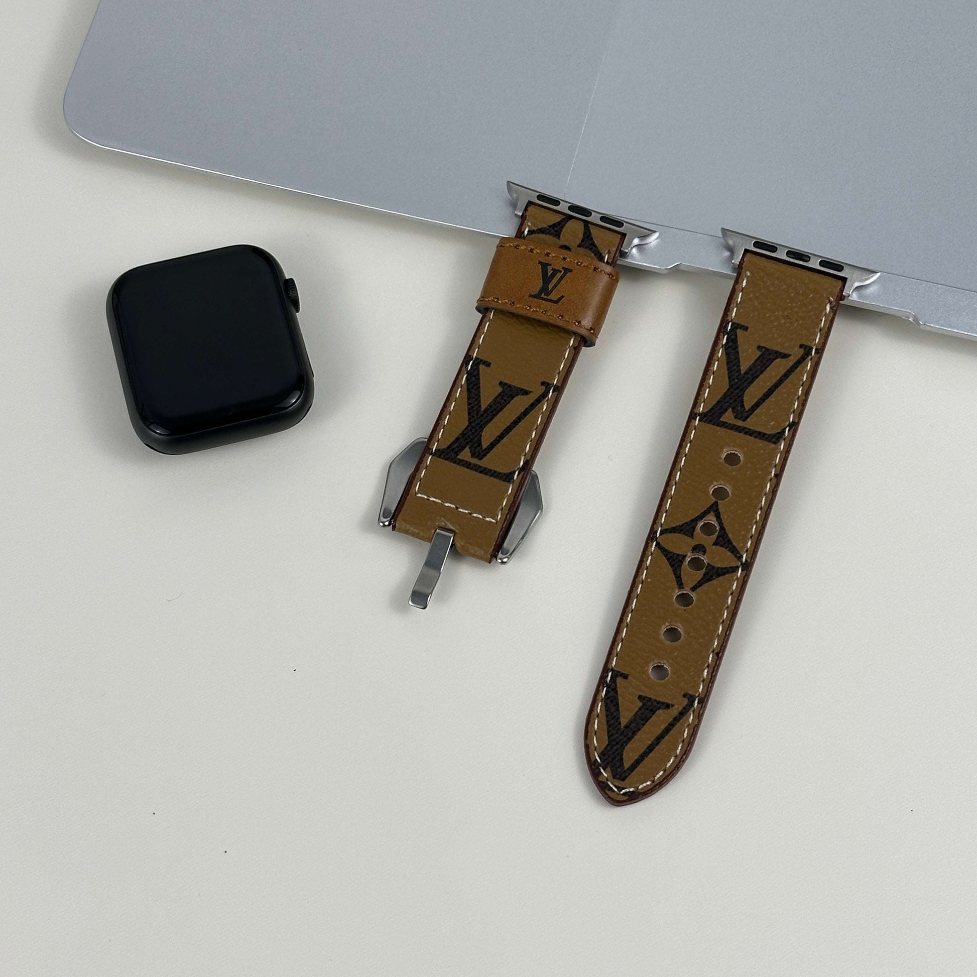 Stylish Leather Monogram Apple Watch Band Yellow Printing-CYLV017