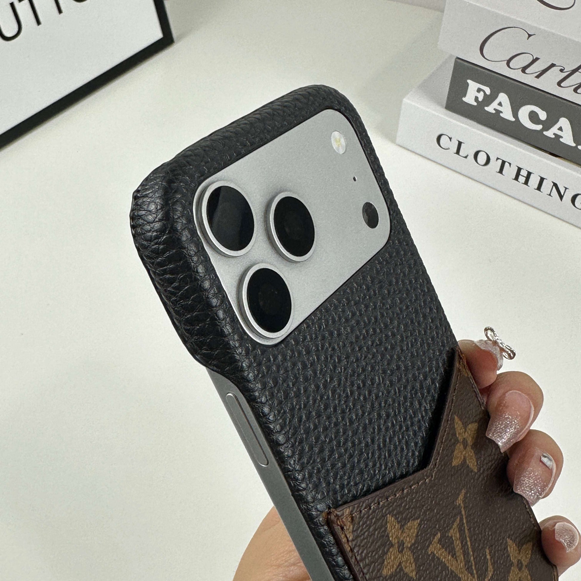 Classic Leather Monogram iPhone Case With Card Holder Big Printing For iPhone 17 Series-CYLV074