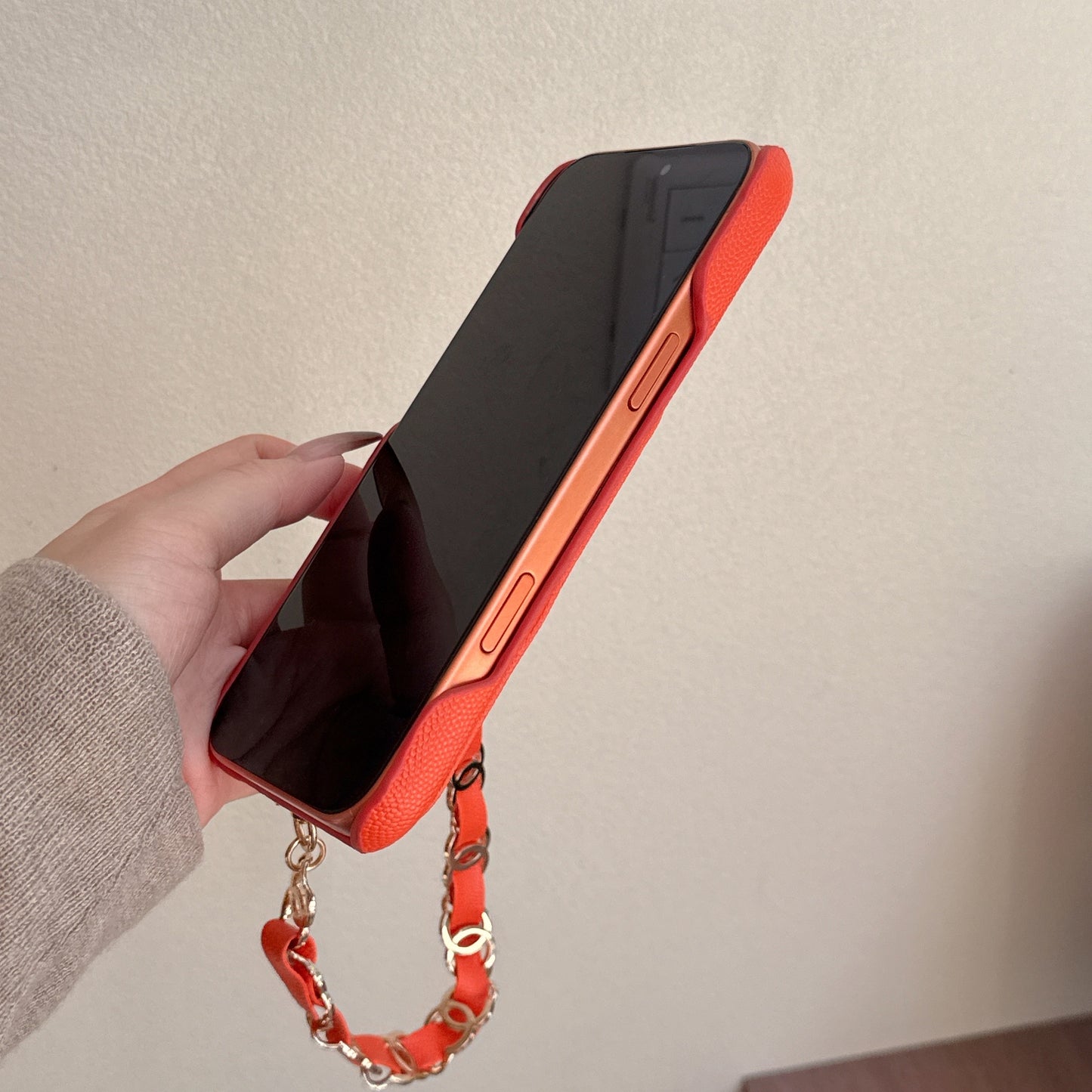 Textured Leather CC iPhone Case With Wallet And Wrist Strap Orange For iPhone 17 Series-CYCC032