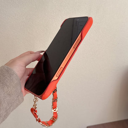 Textured Leather CC iPhone Case With Wallet And Wrist Strap Orange For iPhone 17 Series-CYCC032