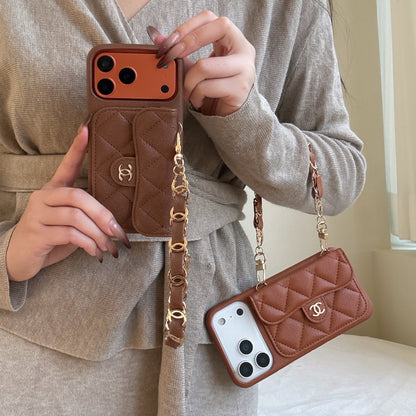 Textured Leather CC iPhone Case With Wallet And Wrist Strap Brown For iPhone 17 Series-CYCC033