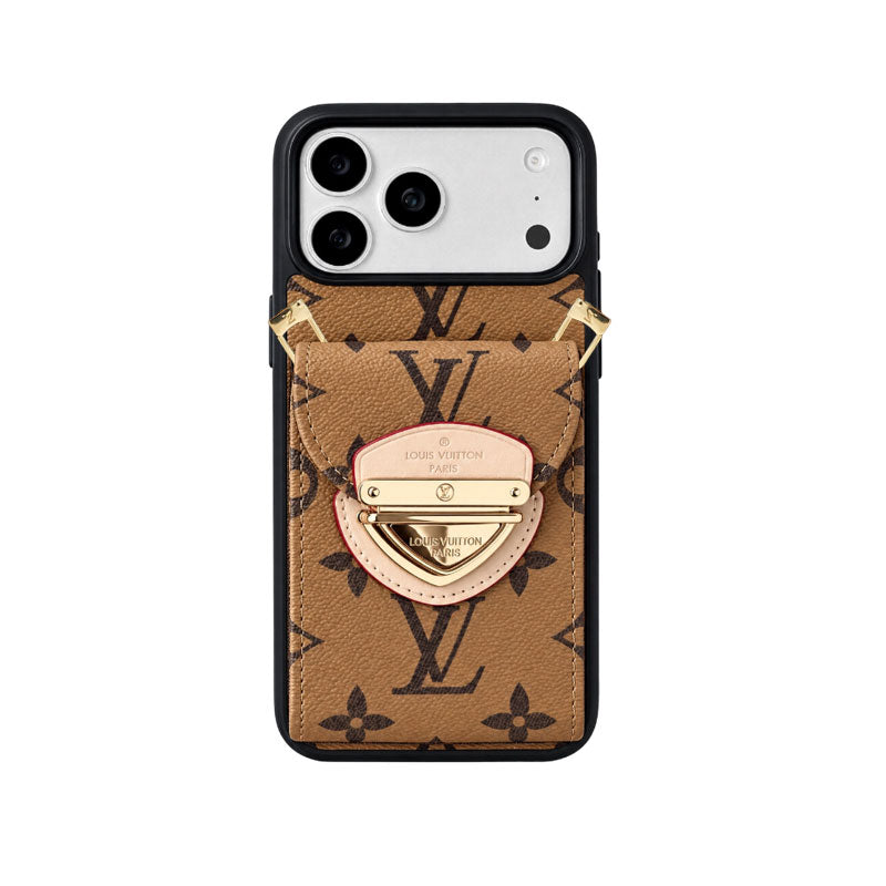 Leather Monogram iPhone Case With Card Holder And Crossbody Strap For iPhone 17 Series-CYLV216