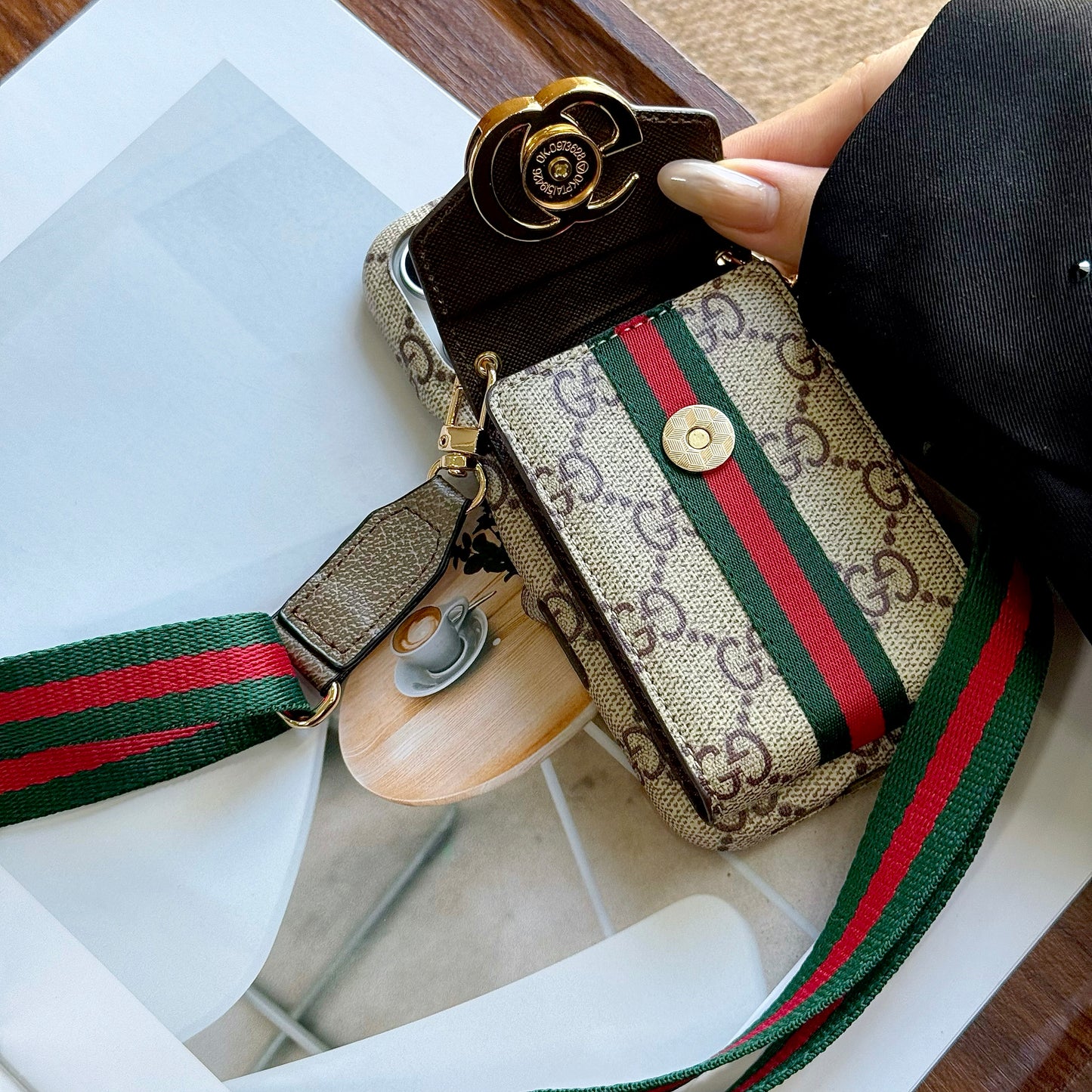 Premium Leather GG iPhone Case With Card Holder And Strap Brown For iPhone 17 Series-CYGG028