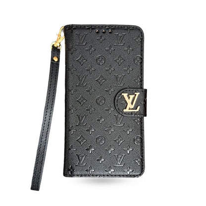 Leather Folio Monogram iPhone Case With Card Holder And Strap Black-CFHYL251127