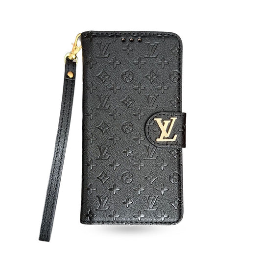 Leather Folio Monogram iPhone Case With Card Holder And Strap Black-CFHYL251127