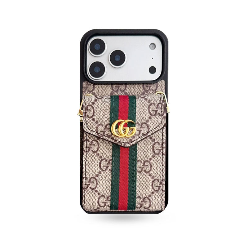Classic Leather GG iPhone Case With Card Holder And Strap Brown-CFK251106
