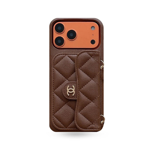 Textured Leather CC iPhone Case With Wallet And Wrist Strap Brown For iPhone 17 Series-CYCC045