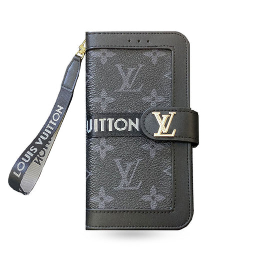Leather Leather Flip Monogram Phone Case With Card Holder And Strap Black Printing -CFLB200911