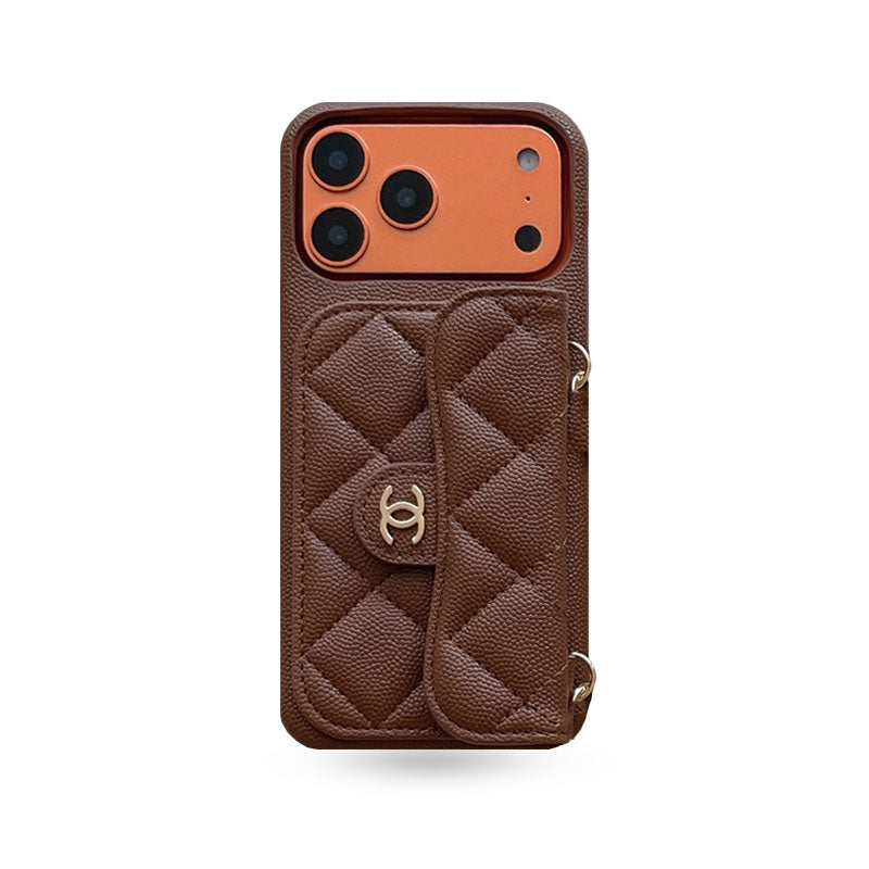 Textured Leather CC iPhone Case With Wallet And Wrist Strap Brown For iPhone 17 Series-CYCC033