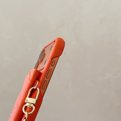 Elegant Leather CC iPhone Case With Wallet And Crossbody Strap Orange For iPhone 17 Series-CYCC030