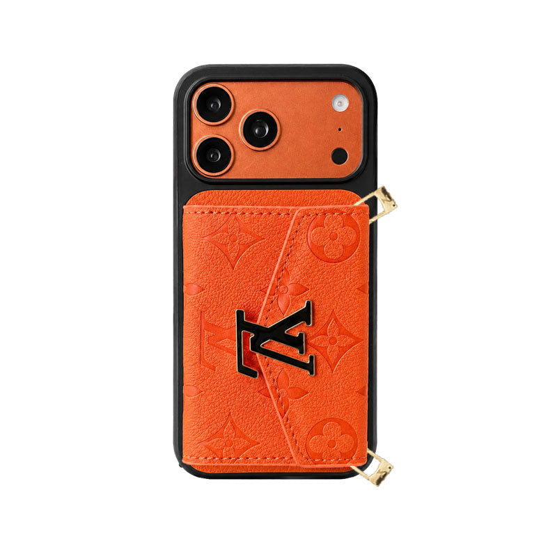 Premium Leather Monogram iPhone Case With  Card Holder And Crossbody Strap For iPhone 17 Series-CYLV215