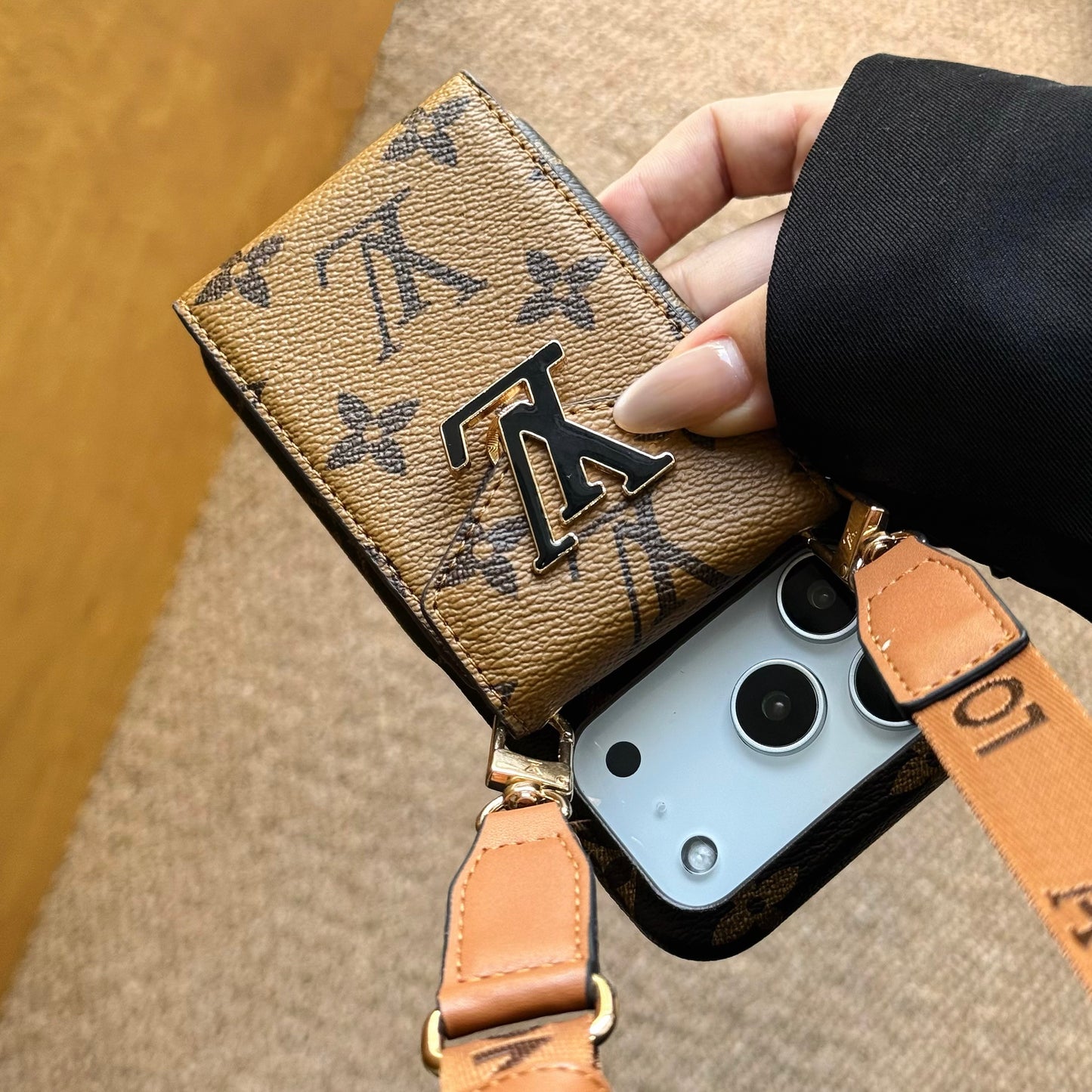 Leather Monogram iPhone Case With Card Holder And Strap For iPhone 17 Series-CYLV029