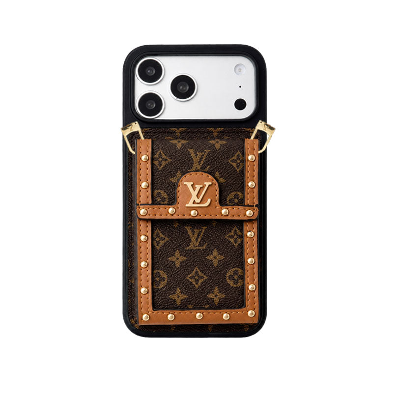 Premium Leather Monogram iPhone Case With Card Holder And Crossbody Strap For iPhone 17 Series-CYLV211