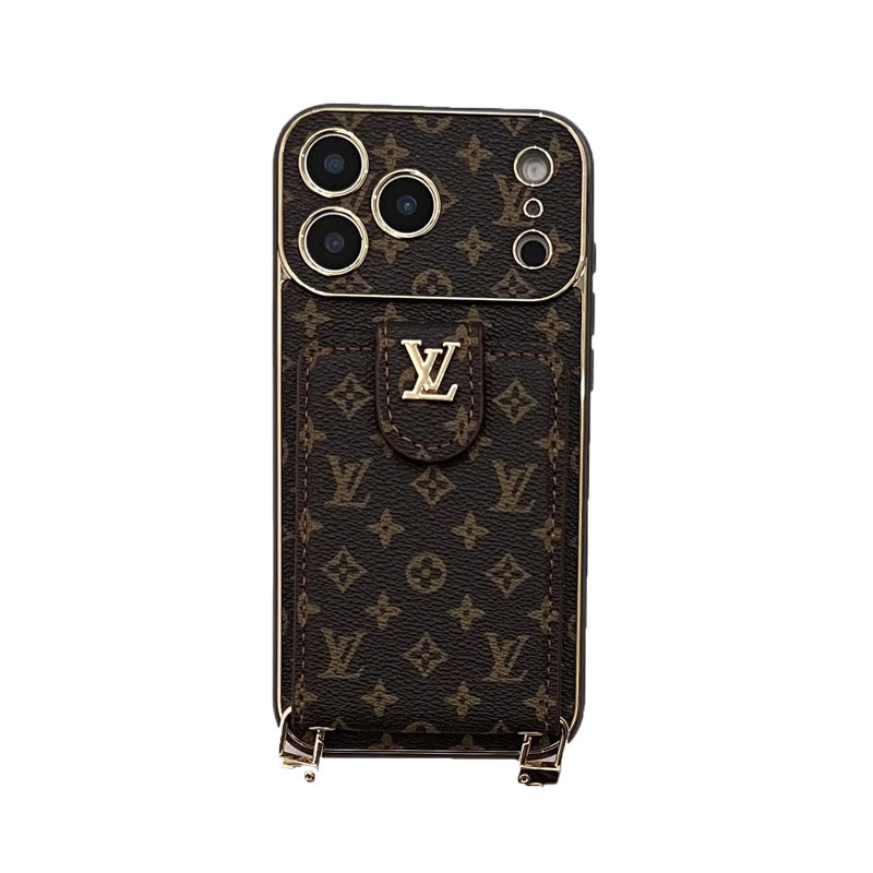 Luxury  Leather Monogram iPhone Case With Card Wallet And Crossbody Strap For iPhone 17 Series-CYLV143