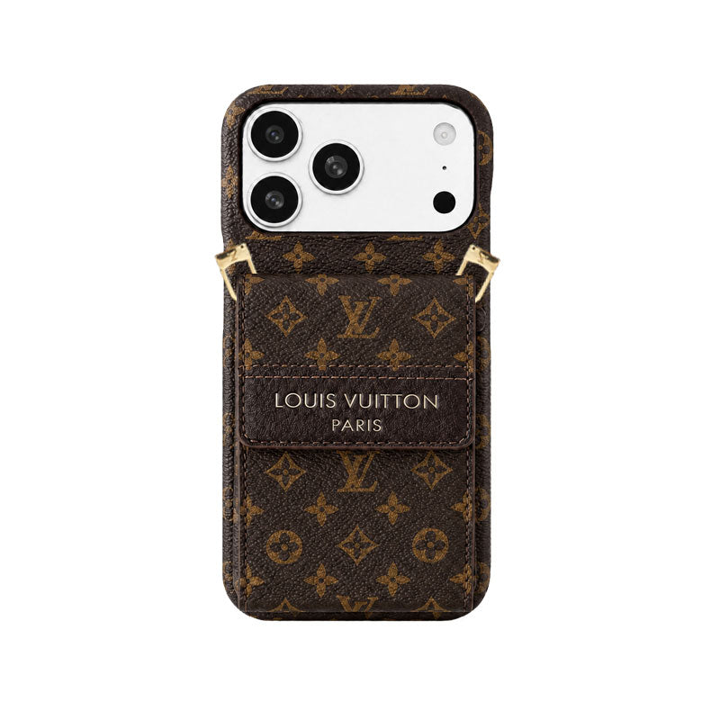Classic Leather Monogram iPhone Case With Card Holder And Crossbody Strap For iPhone 17 Series-CYLV213