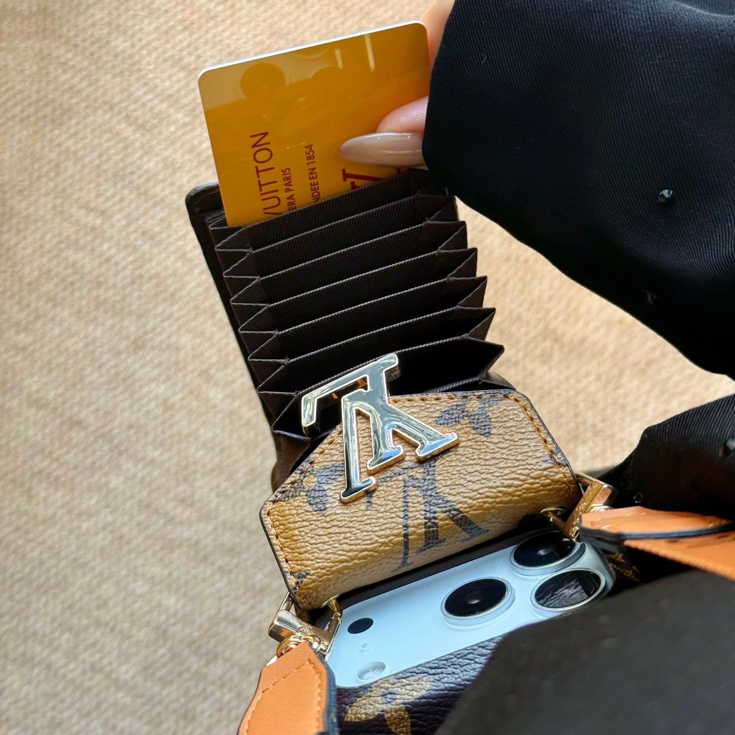 Leather Monogram iPhone Case With Card Holder And Strap For iPhone 17 Series-CYLV029