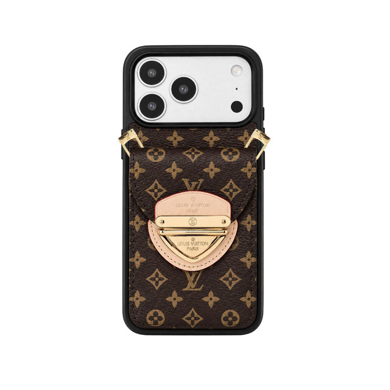Leather Monogram iPhone Case With Card Holder And Crossbody Strap For iPhone 17 Series-CYLV216