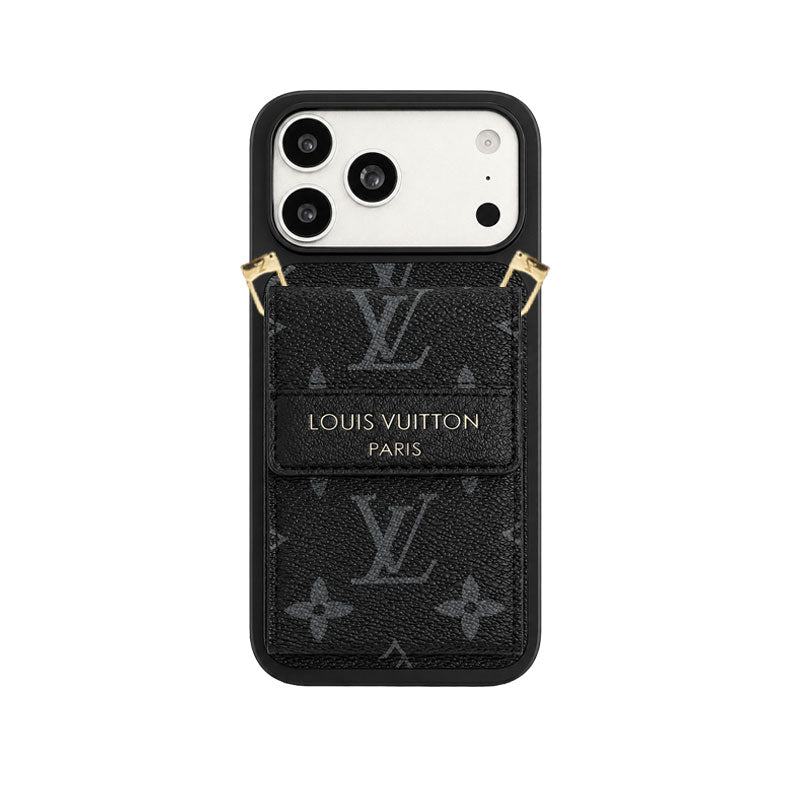 Luxury Leather Monogram iPhone Case With Card Holder And Crossbody Strap For iPhone 17 Series-CYLV214
