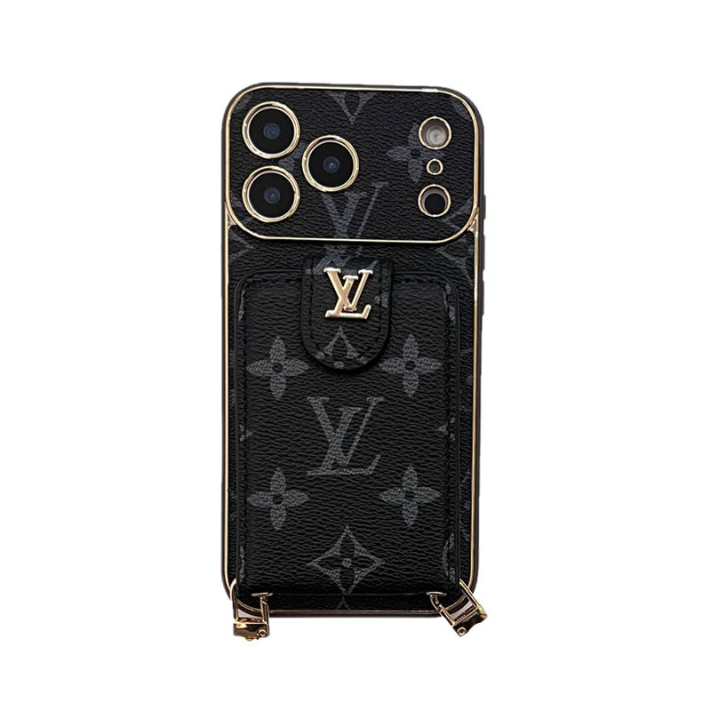 Luxury  Leather Monogram iPhone Case With Card Wallet And Crossbody Strap For iPhone 17 Series-CYLV143