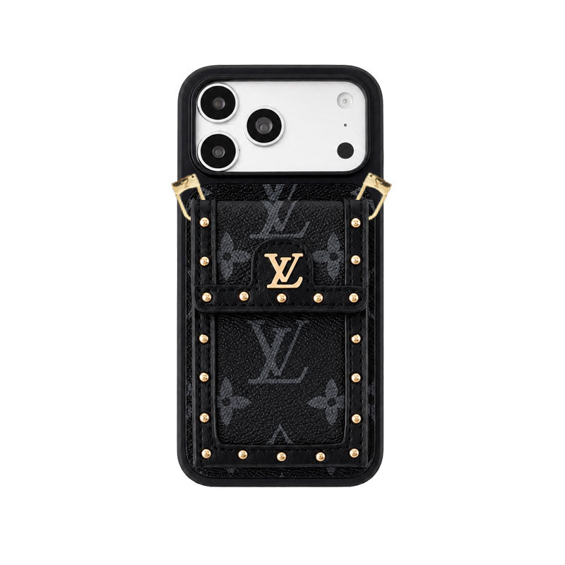 Premium Leather Monogram iPhone Case With Card Holder And Crossbody Strap For iPhone 17 Series-CYLV211