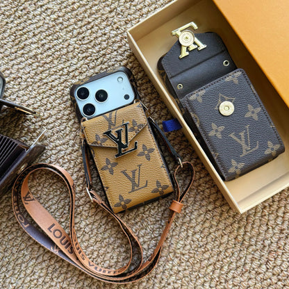 Leather Monogram iPhone Case With Card Holder And Strap For iPhone 17 Series-CYLV029