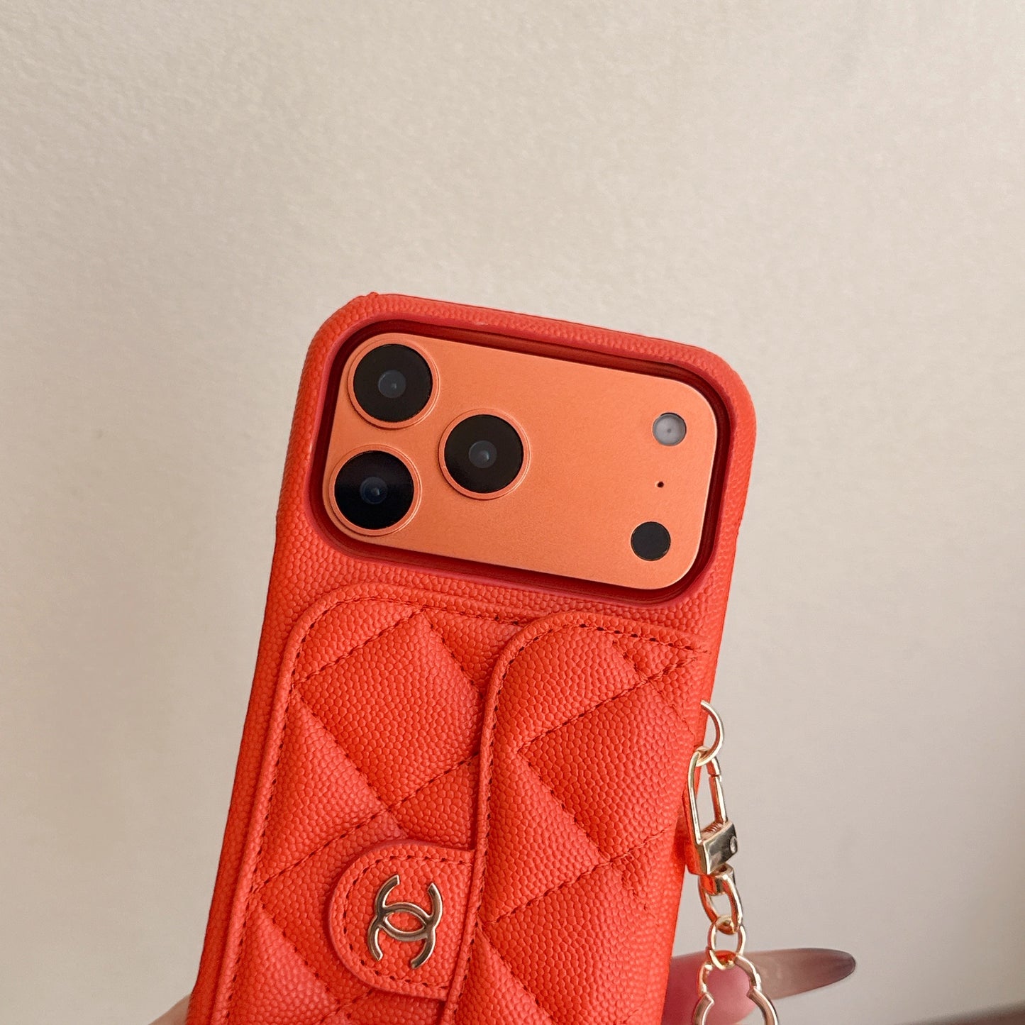 Textured Leather CC iPhone Case With Wallet And Wrist Strap Orange For iPhone 17 Series-CYCC032