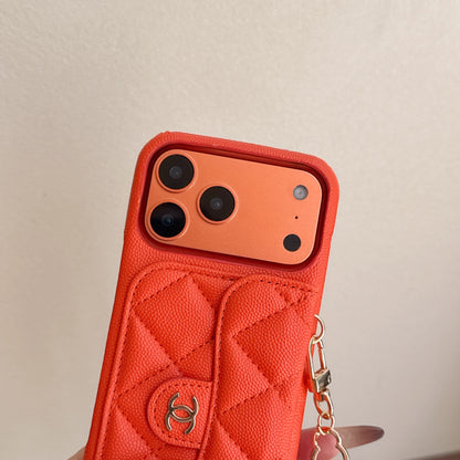 Textured Leather CC iPhone Case With Wallet And Wrist Strap Orange For iPhone 17 Series-CYCC032