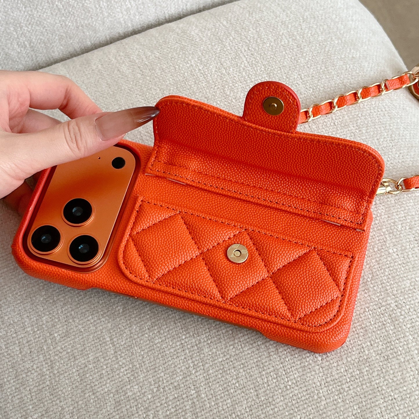 Elegant Leather CC iPhone Case With Wallet And Crossbody Strap Orange For iPhone 17 Series-CYCC030